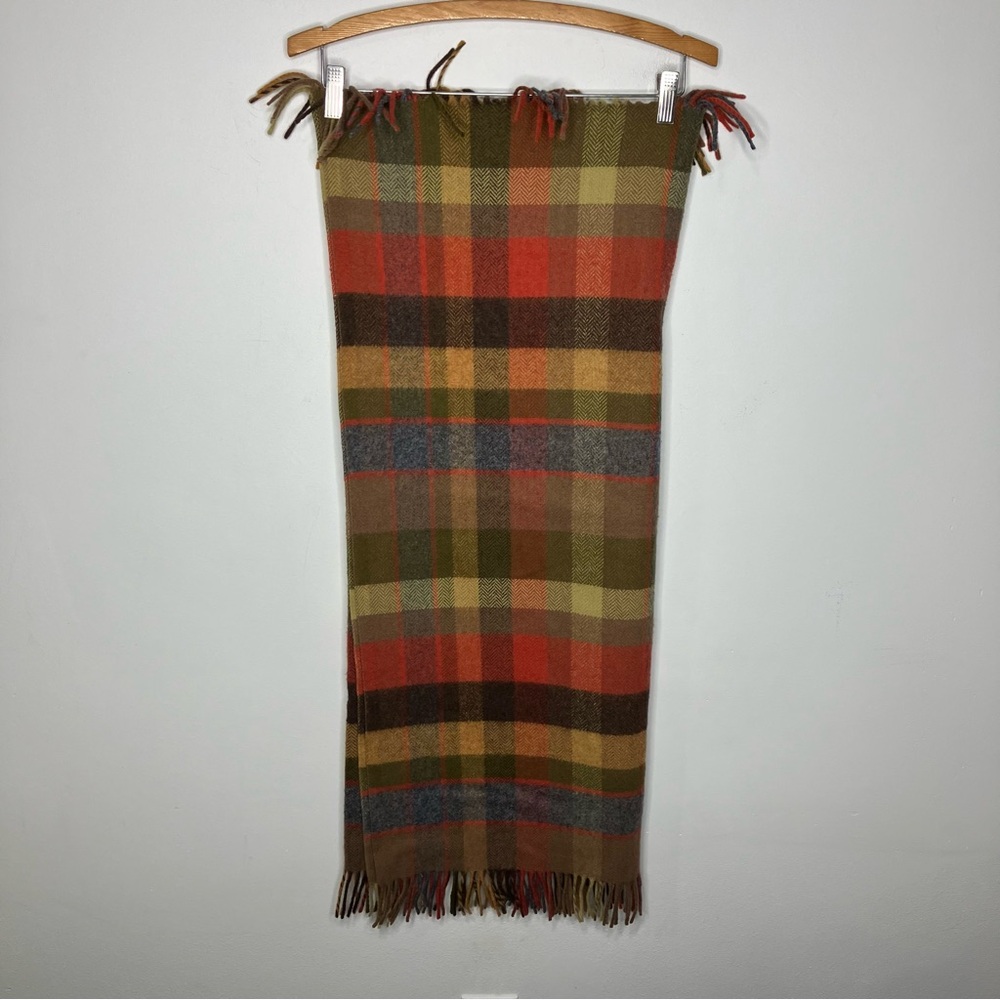 Avoca 100% wool blanket scarf fall colors plaid‎ fringe 25” x 59”